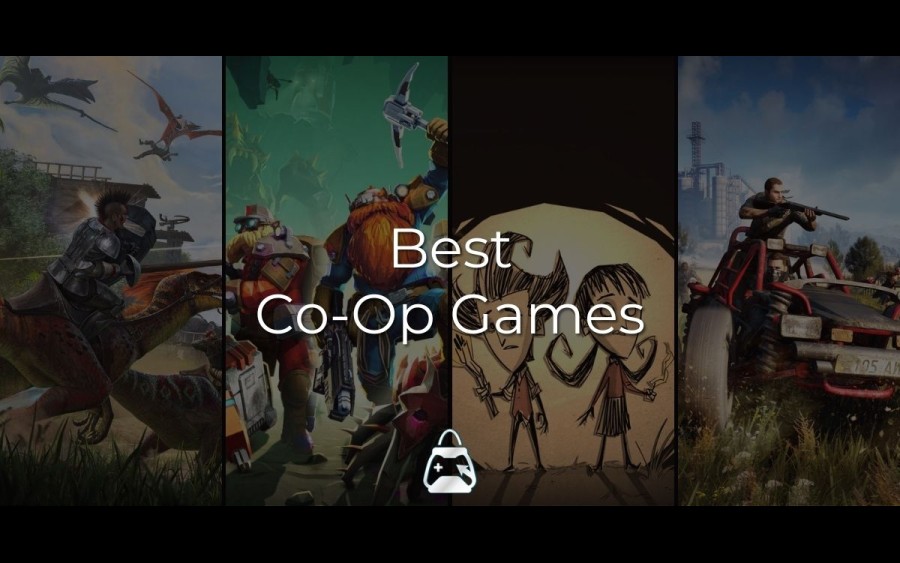 4 games (Don't Starve, Ark Survival Evolved, Dying Light and Deep Rock Galactic) in the background and the Best Co-Op Survival Games title in the front