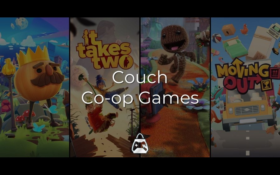 4 games (Overcooked, It Takes Two, Sackboy, Moving Out) in the background and the Best Couch Co-Op Games title in the front.