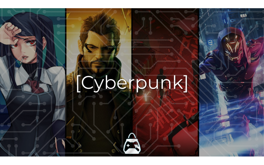 Cyberpunk text in square brackets on 4 game images of Cyberpunk genre