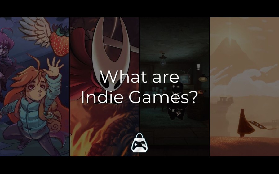4 Indie games (Celeste, Hollow Knight, Beholder, Journey) in the background and What are Indie Games? title on the front.
