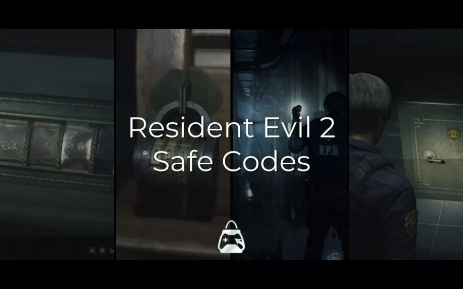 Resident Evil 2: All Safe Codes 4 In-game capture in background and Resident Evil 2 Safe Codes title in the front